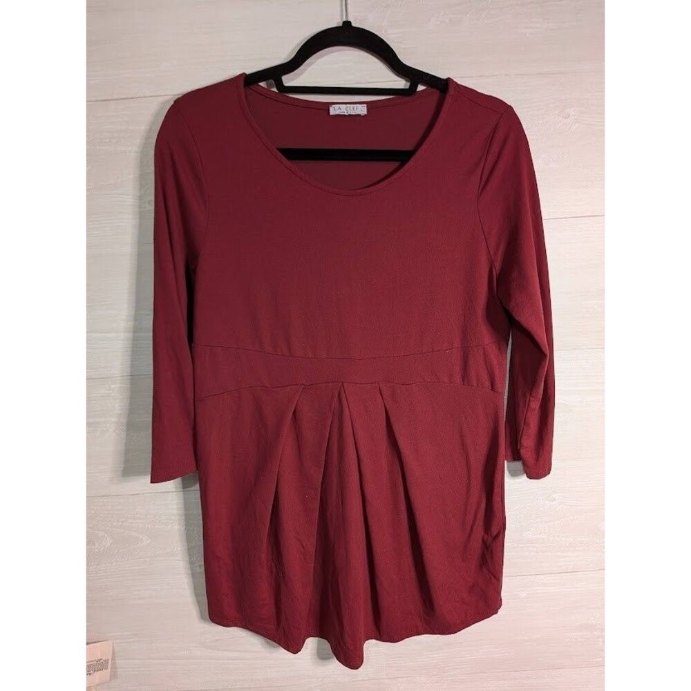 LA CLEF Burgundy Maternity Tunic Top Large 3/4 Sleeve Pleated Front MADE IN USA